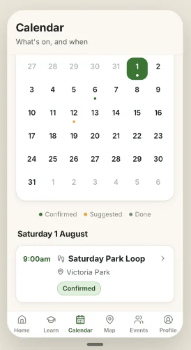 Priya's home screen — Saturday Park Loop, ready to go
